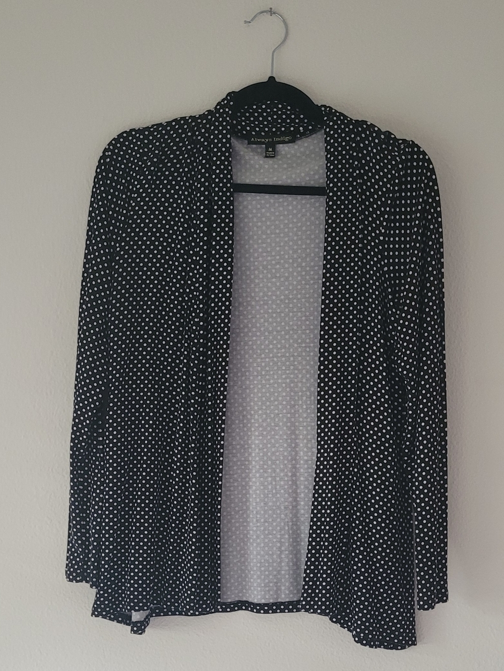 Always Indigo Cardigan Black and White Polka Dots ,Open Front